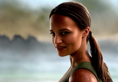 <lora:Alicia_Vikander:0.8>, Alicia_Vikander, 1girl, solo, lara croft, cheeky smile, partially submerged, wet hair