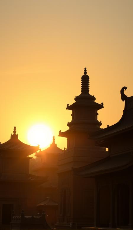 The intricate carvings and well-proportioned structures are bathed in the light of the setting sun, highlighting their historical and spiritual importance. The silhouettes of the temples contrast with the setting sun, creating a striking contrast between the ancient masonry and the glowing sky. The scene evokes a sense of awe and serenity, encapsulating the essence of China's architectural and cultural heritage. The setting sun symbolizes the enduring spirit of Chinese tradition and the passage of time, conveying a deep appreciation for the artistry and craftsmanship of ancient Chinese architects and the enduring relevance of these sacred structures in modern society.