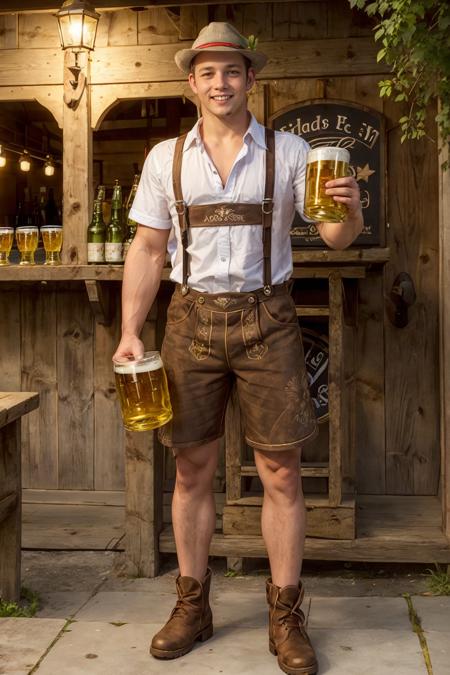 biergarten, standing, smiling, FabianHambuechen, l3denh0sen, suspenders, shorts, hat, boots, holding beer, ((full body portrait)), wide angle  <lora:Clothing - Sexy Ledenhosen:0.65> <lora:FabianHambuechen:0.8>