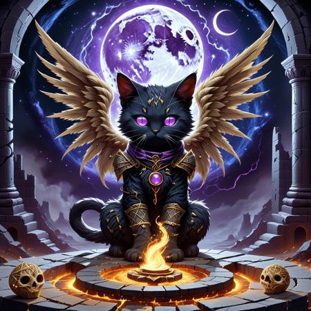 Dystopian style concept art  <lora:1:0.8> made of straw ,  <lora:Meowpocalypse:0.8> meowpocalypse, no humans, cat, glowing,  a cat made of straw, winged horned cat, straw nightmare and cuteness, perched at the edge of a shattered dimension, the winged, horned straw cat rises from a smoking crimson-purple portal, its woven tail lashing as it surveys the spectral void beyond. Glowing sigils orbit its form, whispering enchantments that bind its magic to the celestial realms. Its fur is woven with luminous threads, flickering between deep blue and molten gold, enchanted by unseen hands. Around it, the ruins of a long-forgotten mageâs temple crumble, revealing walls etched with prophecies of a guardian cat destined to rule over both nightmare and dream.
 . Bleak, post-apocalyptic, somber, dramatic, highly detailed