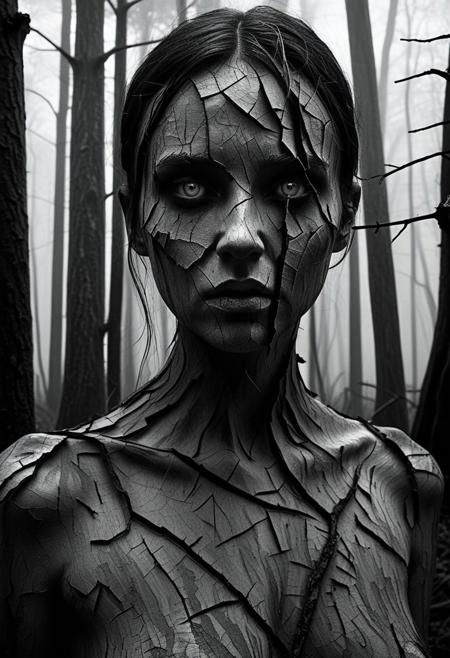 The image depicts a striking female figure with a human-like face made of textured, cracked bark, reminiscent of a tree. The skin appears grey and worn, giving an eerie sense of decay and nature's reclaiming. The eyes are large, devoid of color, enhancing the haunting atmosphere. The setting is a delicate balance between reality and fantasy, set against a blurred, muted background that suggests a forest environment, possibly shrouded in mist. The lighting is soft yet dramatic, casting shadows and accentuating the intricate details of the bark-like texture. The overall tone is monochromatic, focused on shades of grey, contributing to a somber, unsettling mood. The composition centers on the figure's face, drawing attention to its surreal features and the connection between humanity and nature. The image employs a high level of contrast, emphasizing the cracks in the skin and the depth of shadows, creating a dimensional effect that is both captivating and unsettling. The artistic style leans toward the surreal or dark fantasy genre, merging elements of horror and ethereal beauty to evoke a sense of intrigue and contemplation about life and existence.