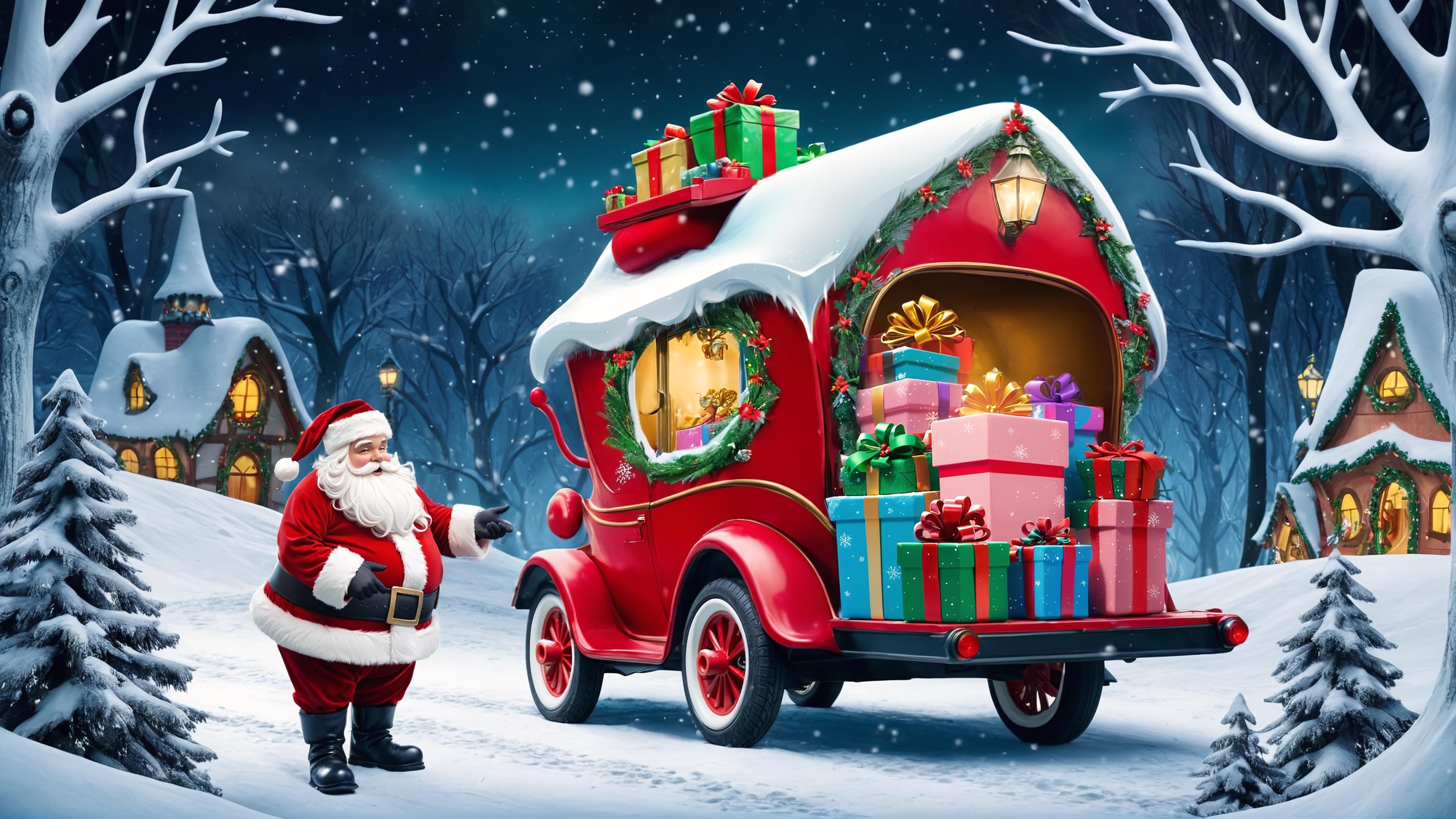 Santa Claus standing next to a red sleigh filled with presents and decorated with garland.