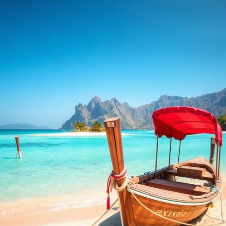 A scenic view of a beautiful beach with clear turquoise water and a traditional wooden boat in the foreground. the beach is located in the middle of the image, with a sandy shoreline and a few palm trees scattered around. in the background, there are tall, brown mountains with a clear blue sky above them. The sky is clear and blue, and the water is calm, with no clouds in sight. on the shore, there is a wooden boat with a red canopy, tied to the shore with a rope. The boat has a nameplate on it, and it appears to be empty. the overall atmosphere is peaceful and serene.