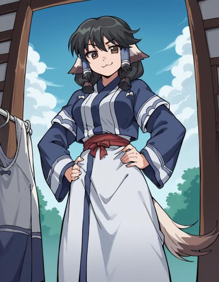 aruruu, black hair, animal ears, brown eyes, dog ears, medium breasts, tail, ainu clothes, long sleeves,