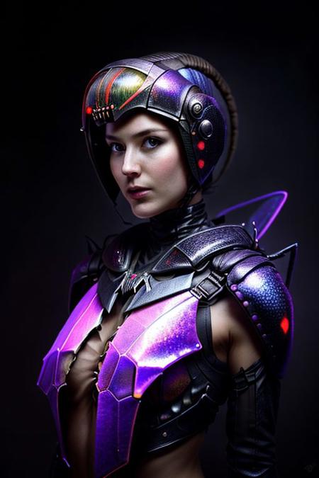 portrait of goddess (long neck, slender arms)) bulletproof vest, helmet with demon horns, Mantis, greater stag beetle, Maryland blue crab, (purple glowing), detailed background, floating particles, darkness,
