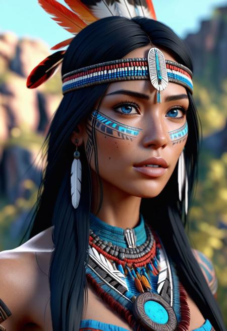 High resolution ultra-realistic of Mysterious beautiful native American with black hair, utra-realistic body, 8k, fantasy style, bright forest, colorful ruins, cinematic lighting, bright colors, sharp focus, dramatic atmosphere, Realistic beautiful blue eyes, female native American, Intricately Designed body covered in traditional outfit, beautiful, Silent Stance, CGSociety, slim body, perfect skinny figure, beautiful perfect detailed pupils, ultra quality, Cinematic Lighting, defiant, 8K, full body, full-figured, full frame, tribal tattoos,
