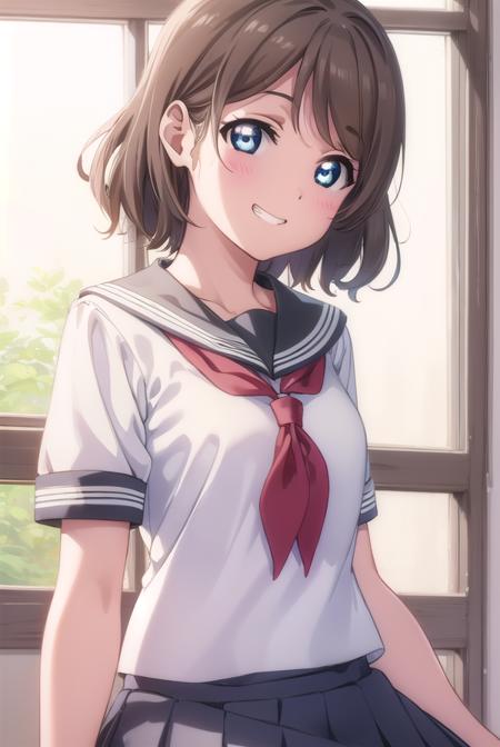 youwatanabe, <lora:you watanabe s2-lora-nochekaiser:1>,
you watanabe, short hair, blue eyes, brown hair, smile, grin,
BREAK skirt, school uniform, short sleeves, pleated skirt, serafuku, socks, neckerchief, kneehighs, black socks, (red neckerchief:1.2), grey skirt, uranohoshi school uniform,
BREAK indoors, classroom,
BREAK looking at viewer, (cowboy shot:1.5),
BREAK <lyco:GoodHands-beta2:1>, (masterpiece:1.2), best quality, high resolution, unity 8k wallpaper, (illustration:0.8), (beautiful detailed eyes:1.6), extremely detailed face, perfect lighting, extremely detailed CG, (perfect hands, perfect anatomy),