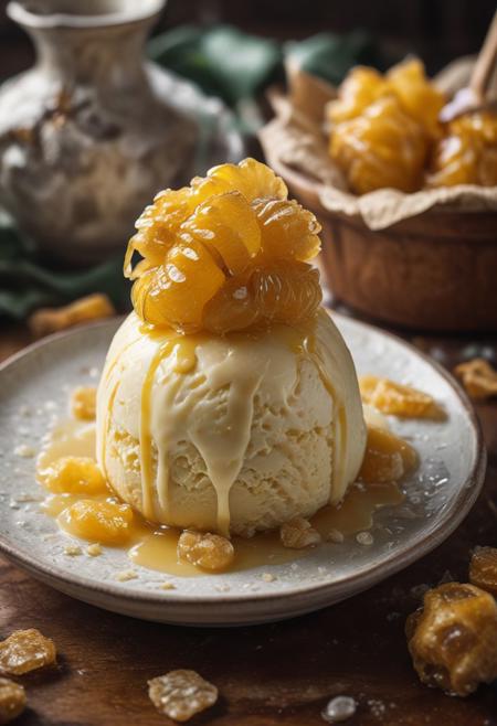 RAW photo, honey ginger ice cream, hot summer day, food photo, DSLR, candied ginger and a drizzle of honey garnish, soft lighting, high quality, film grain, Fujifilm XT