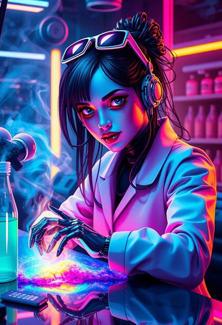 A digital artwork in the style of cknc,, neon colors, A beautiful female android in a science lab, wires and circuits, robotic hands, and sunglasses on her head, works on a rainbow galaxy on a table, cyberpunk, hyper-maximalism, rainbow iridescent smoke, looking at viewer, evil smirk,