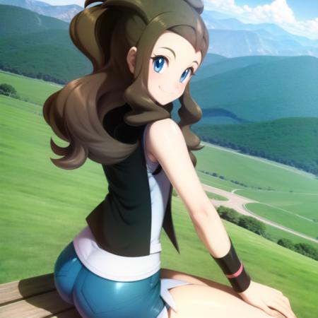 <lora:character_pokemon_hilda_v3:1> hilda \(pokemon\), mountain, sunny, 1girl, solo, cowboy shot, sitting on bench, legs together, hands on own thighs, from behind, from above, from side, looking back, looking at viewer, smile, closed mouth, sleeveless shirt, vest, shorts, wristband,