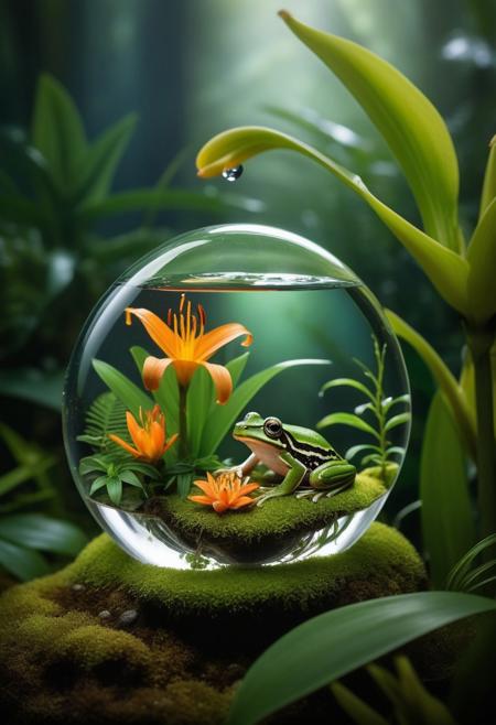 An intricate scene where a single drop of water, magnified, contains an entire miniature ecosystem. Inside the drop, a tropical forest filled with a green frog, tiger lilies, beautiful.