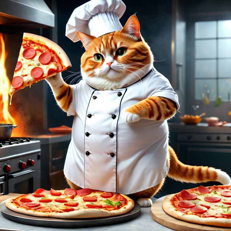 A cartoon cat chef wearing an apron, holding a slice of pepperoni pizza, stands in front of a kitchen with two pizzas on the counter.