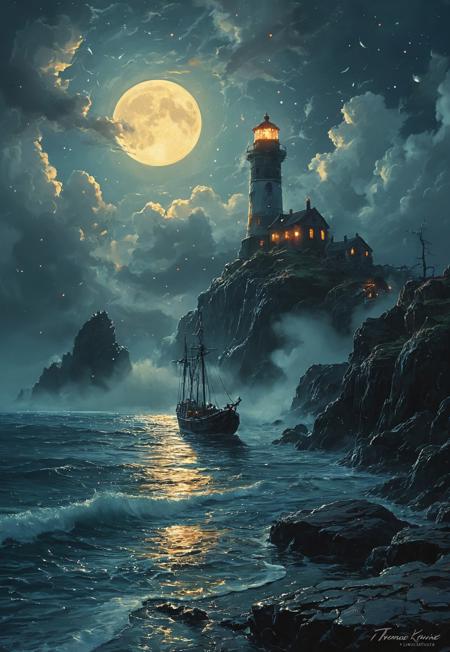 Under the eerie glow of a full moon, a dark and ominous landscape unfolds. A vibrant, colorful ship stands by the edge of a serene ocean, its vivid hues contrasting starkly with the foreboding atmosphere. In the background, a lighthouse stands atop jagged rocks, its light cutting through the darkness and reflecting off the ocean's surface, glistening in the moonlight. Thick, swirling clouds loom overhead, adding to the sense of an evil presence. The moonlight filters through the clouds, casting an otherworldly glow over the scene. A falling star streaks across the sky, adding a touch of mysticism to the night. The air is thick with a sense of ancient secrets and dark magic, as if the very night is alive with hidden power.  romantic impressionism,dream scenery art,beautiful oil matte painting,romantic,style of thomas kinkade,beautiful digital painting,anime landscape,romantic painting,dreamlike digital painting,colorful painting,beautiful gorgeous digital art,style of greg rutkowski,janek sedlar,jenny saville