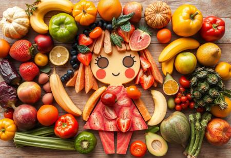 Various types of fruits are placed on a table, where the overall pattern is forming a cute girl’s face and body in an abstract style.