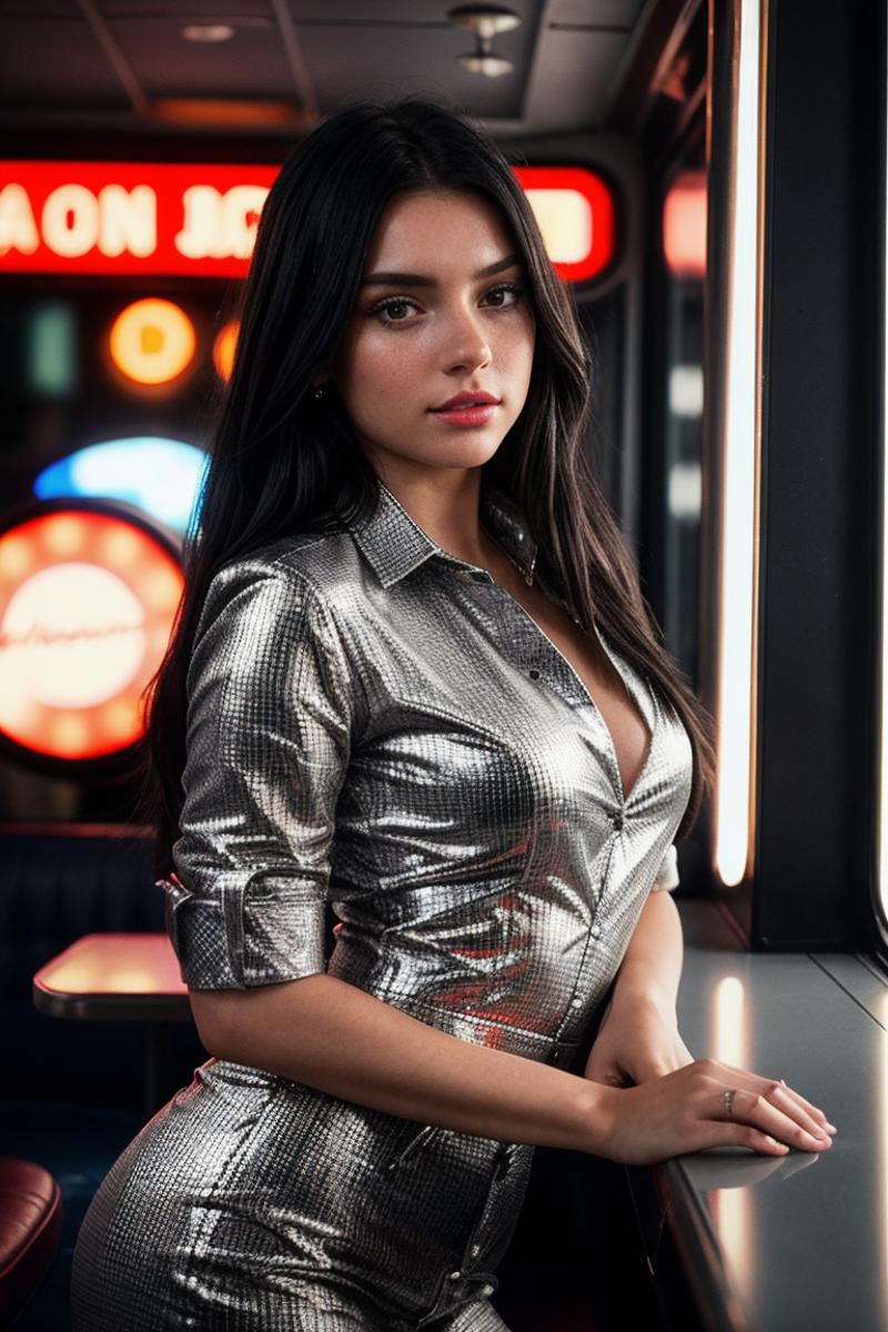 A young woman wearing a silver shirt and a necklace posing for a photo.