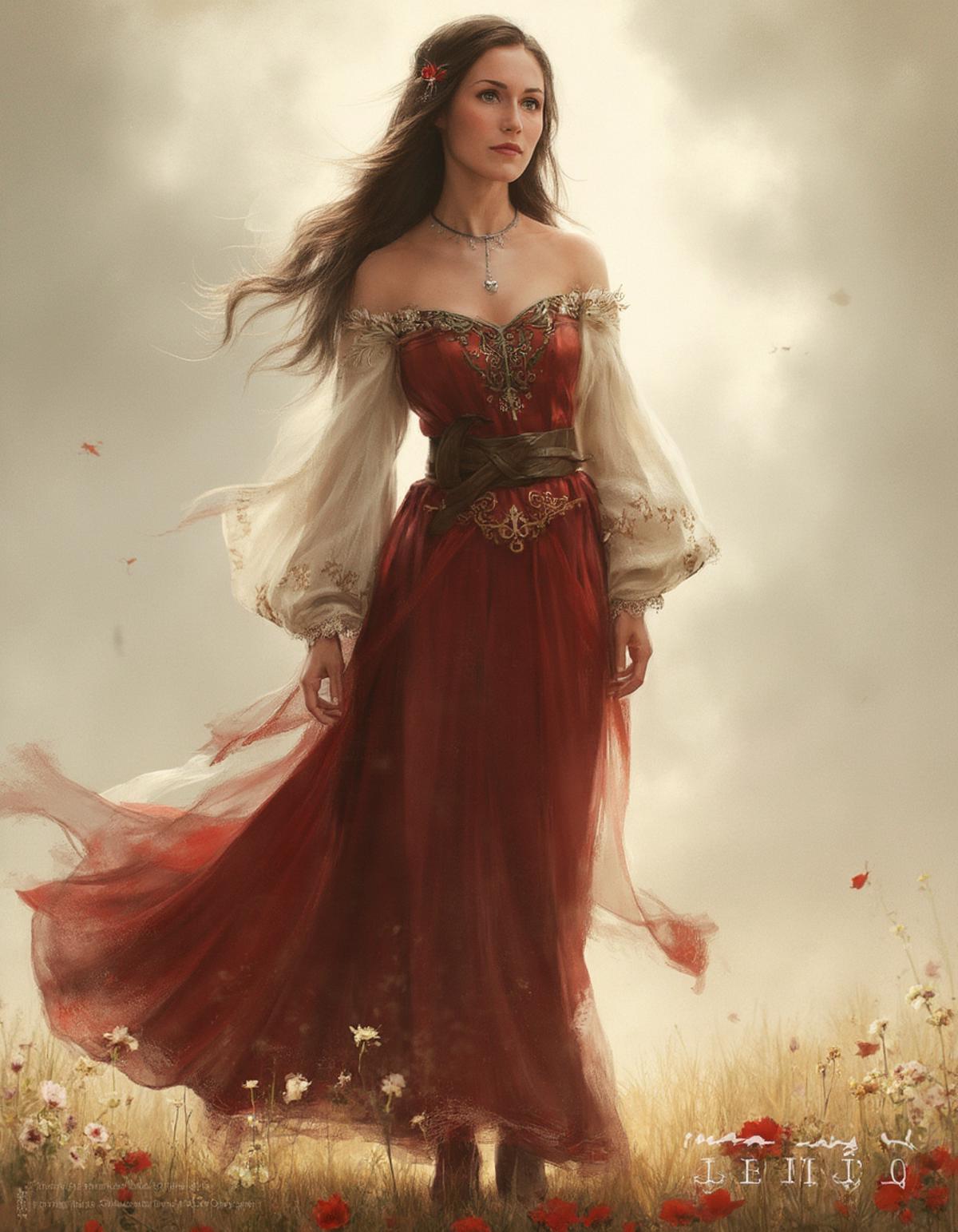 Sanna Marin depicted in a Western concept art style, wearing a flowing dress in a medieval-inspired aesthetic