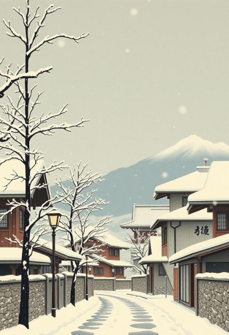 snowing day, Kawase Hasui art style, japanese woodblock print,