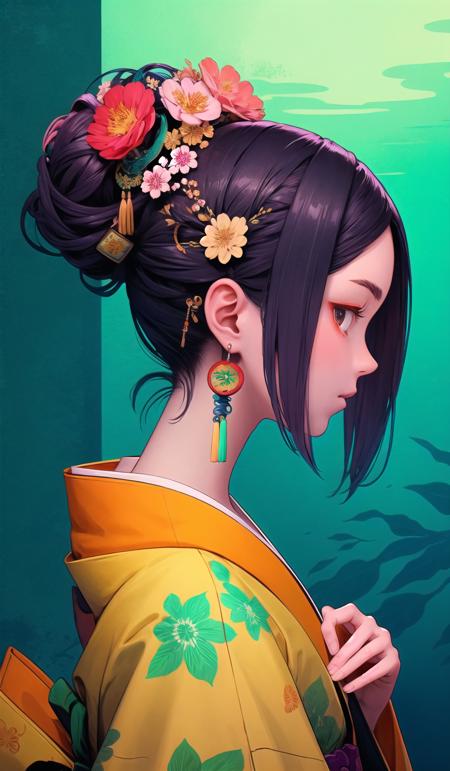 oniNFT, 1girl, solo, flower, hair ornament, hair flower, earrings, jewelry, japanese clothes, profile, kimono, makeup, floral print<lora:oniNFT-block:1>