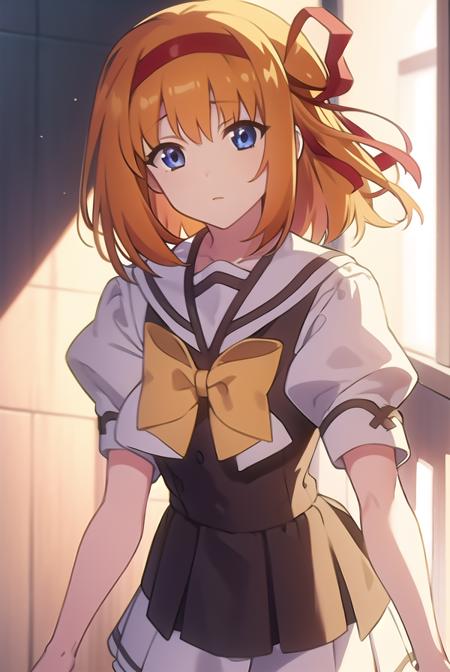 kaedefuyou, <lyco:kaedefuyou-LYCORIStest:1>,
kaede fuyou, short hair, orange hair, hair ribbon, hairband, blue eyes,
BREAK skirt, bow, ribbon, school uniform, short sleeves, pleated skirt, serafuku, socks, puffy sleeves, bowtie, puffy short sleeves, black socks, yellow bow, yellow bowtie,
BREAK looking at viewer,
BREAK indoors, classroom, 
BREAK <lora:GoodHands-vanilla:1>, (masterpiece:1.2), best quality, high resolution, unity 8k wallpaper, (illustration:0.8), (beautiful detailed eyes:1.6), extremely detailed face, perfect lighting, extremely detailed CG, (perfect hands, perfect anatomy),