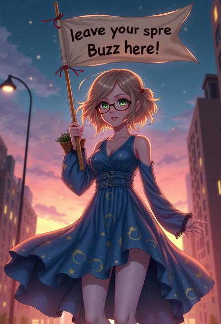(masterpiece, highly realistic photograph), source_anime, white pantyhose,  <lora:tutuld:0.7>, best quality, expressive eyes, green eyes, perfect face, 
etheral beggar girl , age 18, glasses, well endowed, , long  gausy dress billowing in the wind, no shulders dress, galaxy print dress, holdingbasket for donations,  white thighs, french braid, updo hair, wind messing her hair, under a banner with text:"leave your spare Buzz here!"' 
Background: city center, at the night, 
, <lora:add_detail:0.7>, vivid colors, sunset,