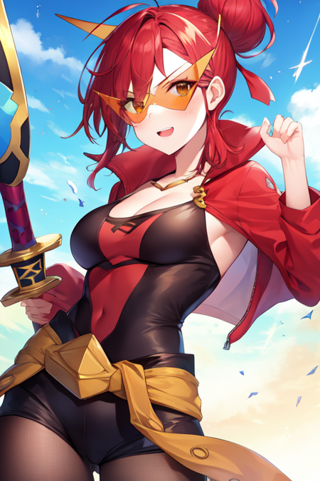 kamina shades, 1girl, red hair, topknot, sword, peach,