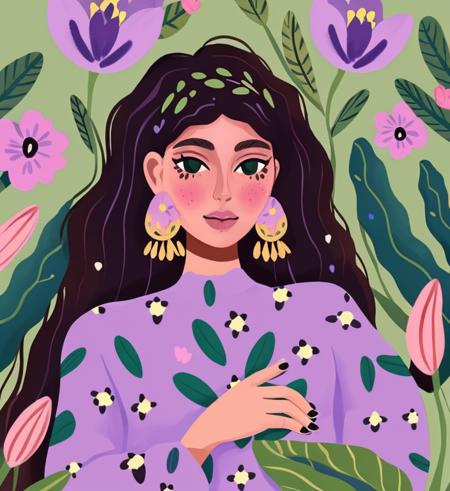 girl, woman, portrait, illustration, flowers, nature, leaves, pink, green, purple