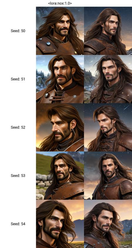 <lora:nox:1.0>. A man. Long brown hair. Earring. Strong wind. Blurry background with night sky and stone wall. Full face. Brown leather medieval clothes. Portrait of a RPG character. Extreme close up.