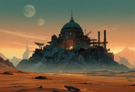 Seen from ground level, a futuristic city stands in the middle of a vast desert. The scene takes place on another planet, as two moons are visible in the sky. The city is perched on a rocky spur, its architecture sleek and harmonious, made of glass and steel. A large building with a grand dome overlooks the city. Space and air traffic can be seen, along with a few mining vehicles. The city is surrounded by an immense expanse of sand. The sky remains fairly bright as the sun sets behind us, casting dramatic contrasts of light and shadow. The atmosphere is nocturnal, with an overall blend of bluish and orange hues.