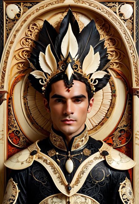 masterpiece, absurdres, 8k, ultra high detail, vivid colors, cinematic lighting, realistic texture, 
A portrait of a male figure centered in the frame, facing forward. He wears intricately designed carbon fiber clothing with ornate accessories and a sculptural ebony and ivory mask-like headpiece featuring organic patterns and subtle embellishments of scrimshaw. His facial features are sharply defined, showcasing expressive eyes, well-groomed eyebrows, and a sommanding expression. The composition is clean, with a relaxed pose against a dynamic background, utilizing soft, diffused lighting to highlight the textures and details..