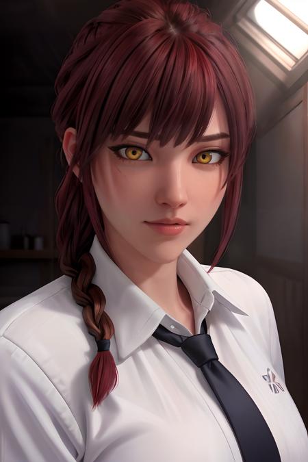 <lyco:epiCRealismHelper:.5> epiCRealism ,masterpiece, (photorealistic:1.4), best quality, beautiful lighting, (ulzzang-6500:0.5), makima \(chainsaw man\), (red hair)+(long braided hair)+(bangs), yellow eyes, golden eyes, ((ringed eyes)), (white shirt), (necktie), RAW photo, 8k uhd, film grain<lyco:makima_offset:.7> <lyco:Owstyle4-000009:.7>