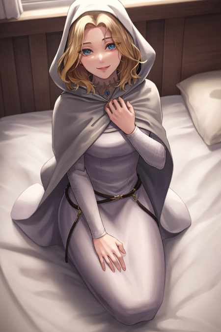 <lora:Natasha_FE-04:0.7>  natasha fe, dress, jewelry, hood, cape, cloak,  indoors, bed, bedroom, seiza, from above, looking at viewer, smile, hands on own lap