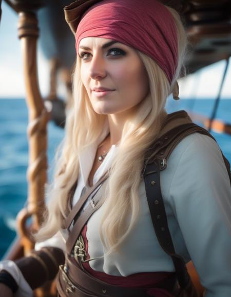 <lora:jsscn1gr1-000009:1>close up portrait photo of jsscn1gr1 woman , as a a pirate From Assassin's Creed Black Flag, on the deck of a ship, bokeh