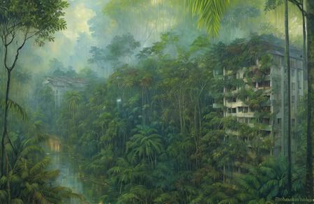 (impressionism:1.1), Jungle/Tropical Rainforest , russian panel houses, (bob layzell:0.6), rural, scene painting,a painting,scenery, <lora:russian_panel_houses_v105:1.2>,
