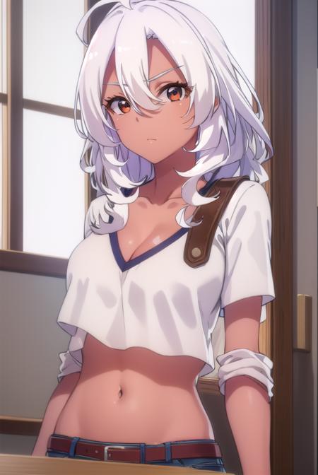 altriagrem, <lora:altria grem s2-lora-nochekaiser:1>,
altria grem, long hair, hair between eyes, (brown eyes:1.3), ahoge, white hair, dark skin, dark-skinned female,
BREAK shirt, navel, cleavage, collarbone, white shirt, midriff, belt, pants, dark skin, dark-skinned female, crop top, denim,
BREAK indoors, classroom,
BREAK looking at viewer, ()
BREAK <lyco:GoodHands-beta2:1>, (masterpiece:1.2), best quality, high resolution, unity 8k wallpaper, (illustration:0.8), (beautiful detailed eyes:1.6), extremely detailed face, perfect lighting, extremely detailed CG, (perfect hands, perfect anatomy),