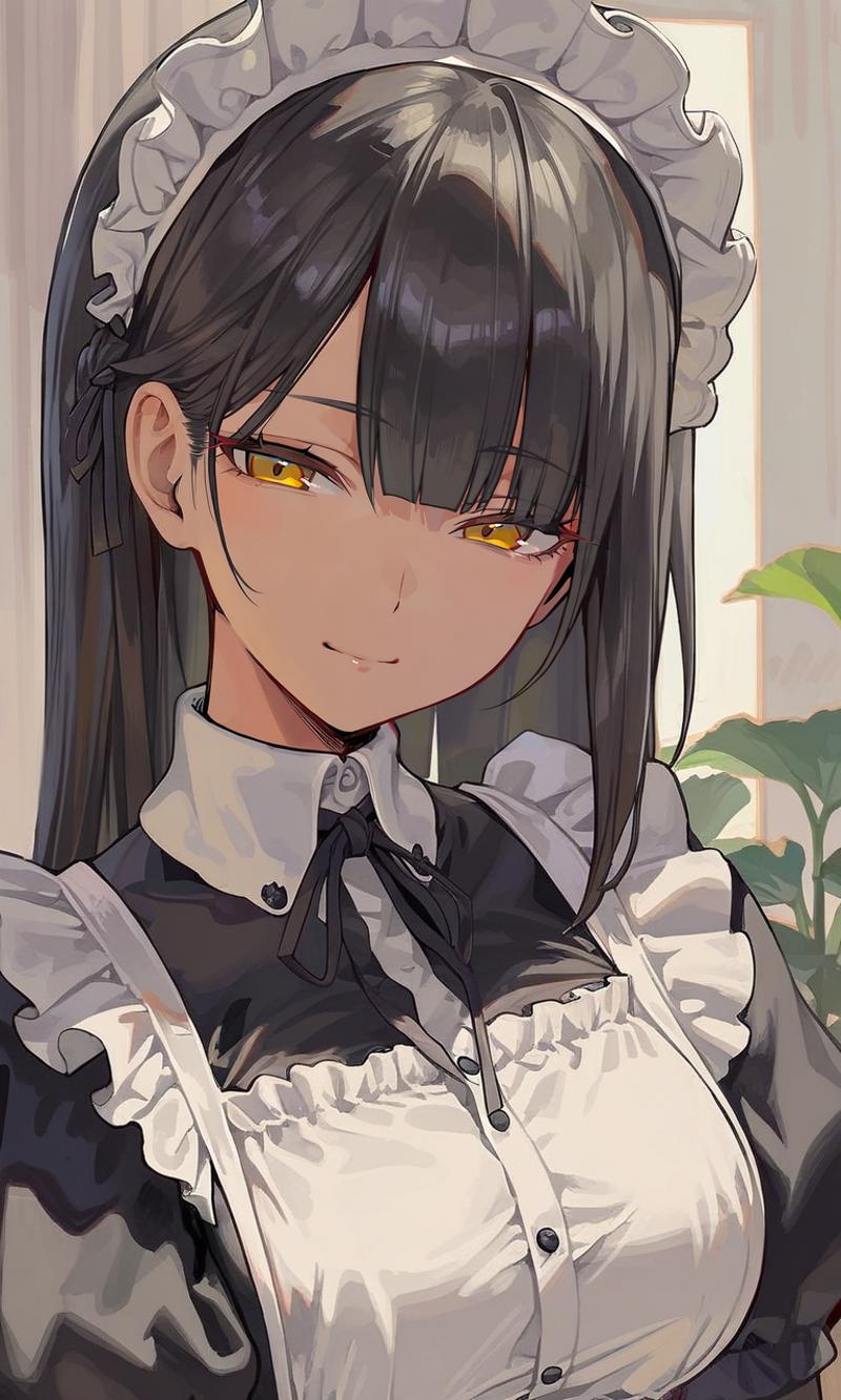 black hair, yellow eyes, maid, light smile, half closed eyes, detailed, beautiful color, extremely detailed, (amazing qual...