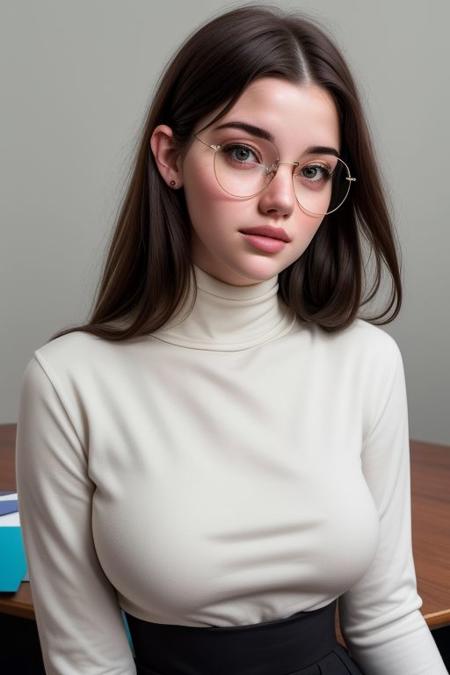 close-up image of thick 1girl, office secretary, image takes place in an office, hair is flowing, radiant, tight white scoopneck shirt tucked into bodycon skirt, arms up hands in hair pose:0.7, wearing cute thin round frame glasses, round eyewear, european woman with gorgeous shiny hair, ((gorgeous 18 year old girl with long hair)), (wearing tight white scoop-neck top), (hourglass body big boobs clothed), (extremely wide hips), visible cleavage in scoopneck top, wearing scoopneck top tucked into bodycon skirt, <EasyNegativeV2:1.3>, (ultra-detailed), (masterpiece), (best_quality), (depth_of_field), (sharp_focus), (cinematic_lighting), (very wide hips), (cute scoopneck top tucked into bodycon skirt), (gigantic breasts in tight scoopneck top), ((huge thighs)), image takes place in a modern office, InnaNobodySD15:.7, (close-up portrait focus on face and bust), ((fFaceDetail)), cute girl face, backbreakingbreasts, huge titties bursting out of top
