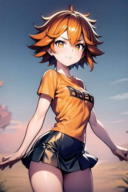 1girl,  <lora:lxnadia-2:1>, short hair, orange hair, t-shirt, skirt