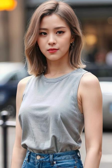 a woman, (realistic), (hyperrealism), (photorealistic), depth of field, eye makeup:0.5, (upper body:1.2), (narrow waist:0.7), looking at the viewer, casual outfit, at the city streets, <lora:httpryujin:0.45>