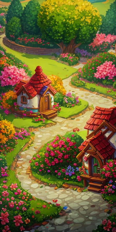 Concept art, top-down terrain, game scenes, no_humans, flower, house, scenery, outdoors, door, chimney, grass, window, path, stairs, pink_flower, day, tree, bush, road, building, red_flower<lora:dibian:0.8>,