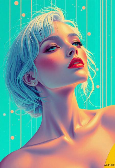 high quality design aesthetics, synth pop, detailed, pop album cover, beautiful young white woman, artist name "Musaic"