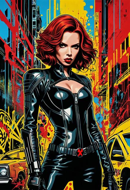 Expressionism - Concept art. Black widow Apokalypse hyperrealism. Ultra detailed, high quality, best of CGSociety. Urban jungle, stencil art, Jean-Michel Basquiat, Keith Haring, abstract expressionism, graffiti tags, streetwise, aerosol art.
