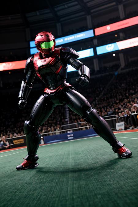 Action-Focused Photo of a meticulously designed mini-robot,executing a powerful move against its rival in the brightly lit, futuristic arena, shot from a wide angle to capture the intensity and advanced technology of the sport <lora:more_details:0.7>  <lora:picxer_real:0.7>