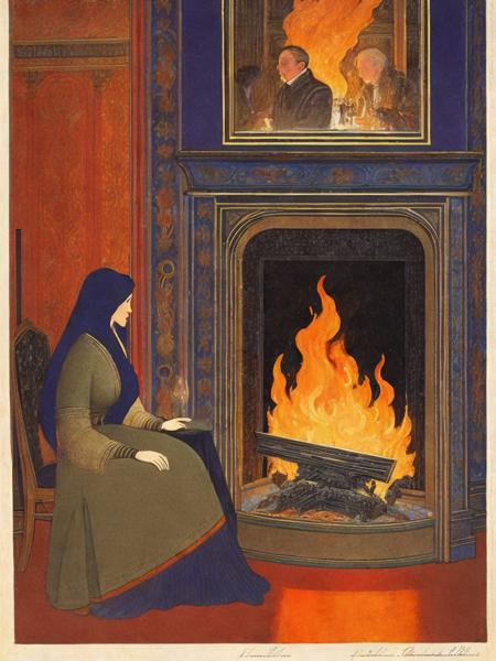 <lora:IvanBilibin:1>a painting of a woman standing in front of a fire place with people sitting around it by Ivan Bilibin