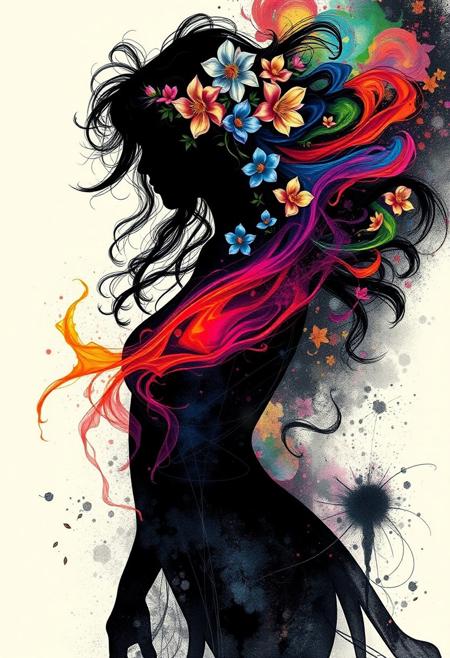 A surrealist illustration of a womans silhouette, full body, with swirls of bright multicolored blacklight ink swirling around her in beautiful colors. flowers in her hair