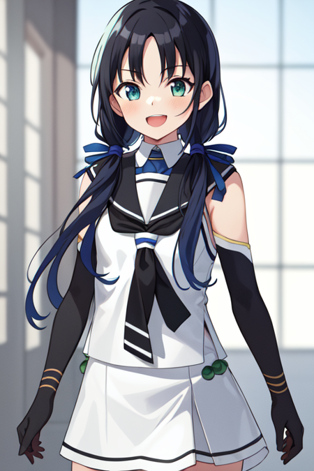 suzukazeKC, blue ribbon,twintails, hair ribbon, cowboy shot, white serafuku, sleeveless, sailor collar,white skirt, black neckerchief,elbow gloves,black gloves,shirt collar