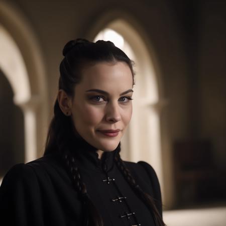 photo of (ohwx woman) as Wednesday Adamas, wearing gothic clothes, braided pigtails, in a castle, sharp focus, looking at the camera, makeup, cinematic look,  <lora:LivTyler:1>