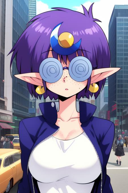 <lora:Arara_Cocoa:0.8>,  AraraCocoa, 1girl, glasses, freckles, solo, pointy ears, purple hair, crescent hair ornament, crescent, earrings, jewelry, hair ornament,  short hair, round eyewear, jacket, gloves, dress, white dress, bangs, breasts,
city,
masterpiece, high quality, very_high_resolution, large_filesize, full color,