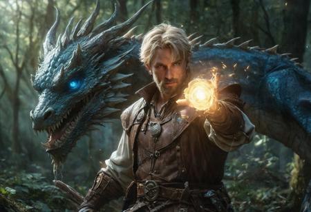 score_9, score_8_up, score_7_up, score_6_up, score_5_up, score_4_up,<lora:Fant5yP0ny:0.8>, solo, 1man, Human, good looks, trim beard, tall, short blonde hair, blue eyes, warrior mage, hand wraps, magic aura, casting a spell, Dragon familiar nearby 
Cowboy shot, Outside, fantasy woods.  dynamic lighting, daytime