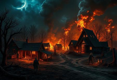 a dark fantasy burning village afer being attacked at night  <lora:More_interesting_backgrounds:1> ibg, (((masterpiece))) (((ultimate quality))) sharp focus, high texture resolution, hyperrealistic, photo realistic, 32k, HDR, vivid colors, stunning compostion, soft lighting