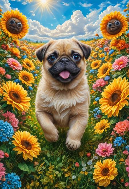 Masterpiece, highres. Highly detailed. Close-up photo of pug puppies running through field of colorful flowers, fluffy fur, huge flowers, big eyes. cute, happy, joy. The sun is shining. Blue sky with fluffy clouds.